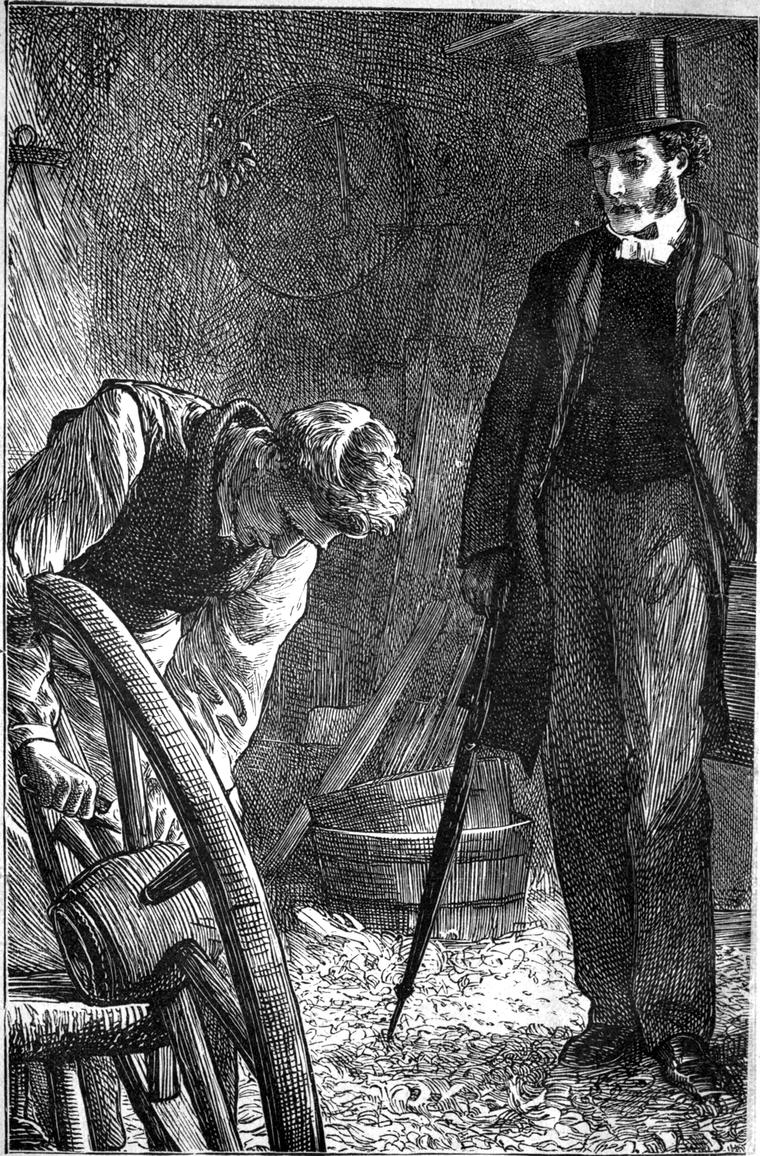 In a workshop strewn with shavings, the vicar in his tall hat watches a young man stooped over a chair beside a cart-wheel.