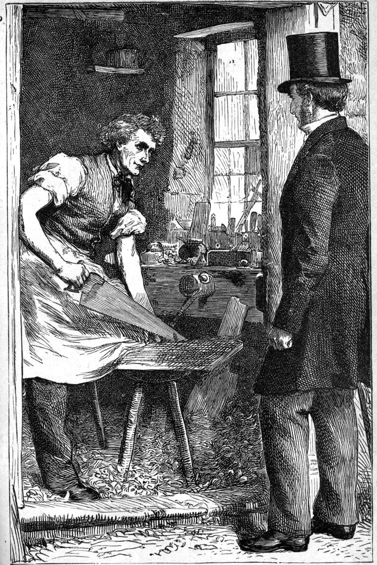 Thomas Weir the carpenter, sleeves rolled up, looks up from sawing at his bench at the vicar standing in the doorway.