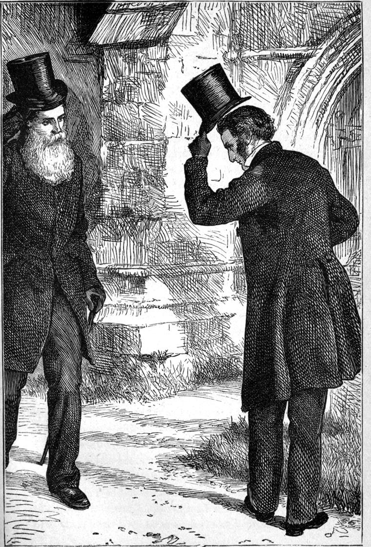 A tall grey-bearded man in a top hat passes the vicar beside an old stone archway, and the vicar raises his hat.