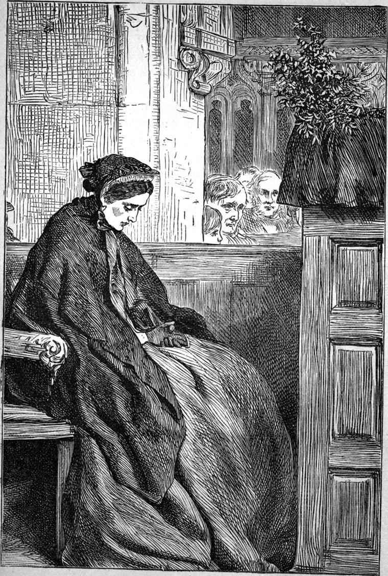 In a church pew, a young woman in a dark shawl and bonnet sits with her eyes cast down while faces look on from behind.