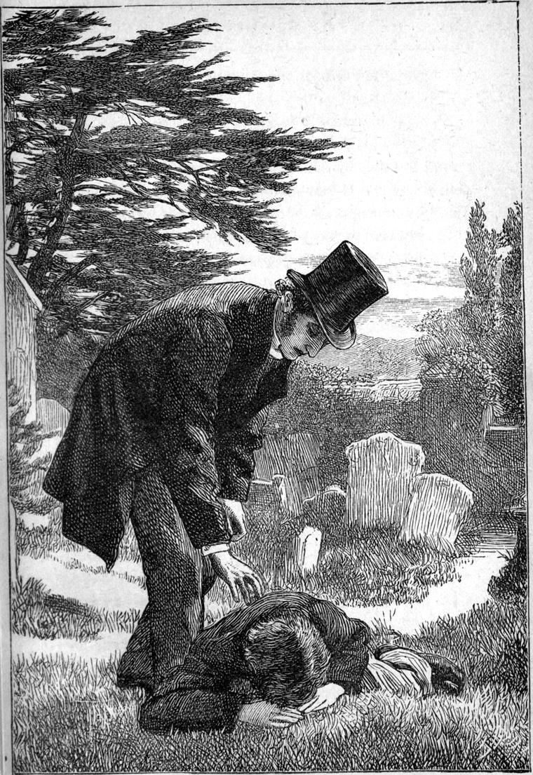 In the churchyard at dusk, the vicar stoops over a figure lying face down on a grave among the headstones.