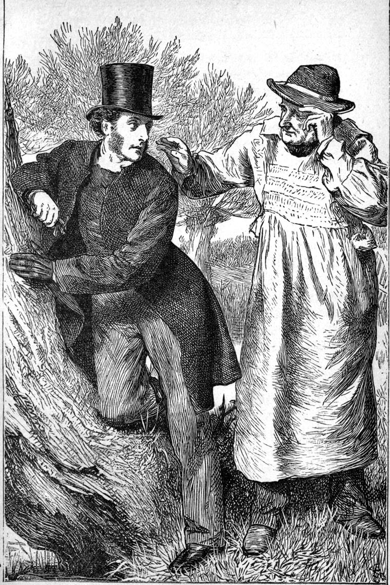 Old Rogers in his white smock-frock lays a hand on the vicar's shoulder as he leans against a tree.