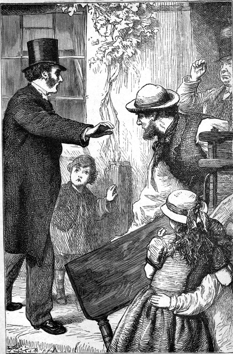The vicar holds up his hand to stop a man carrying off a table, while two frightened children cling together.