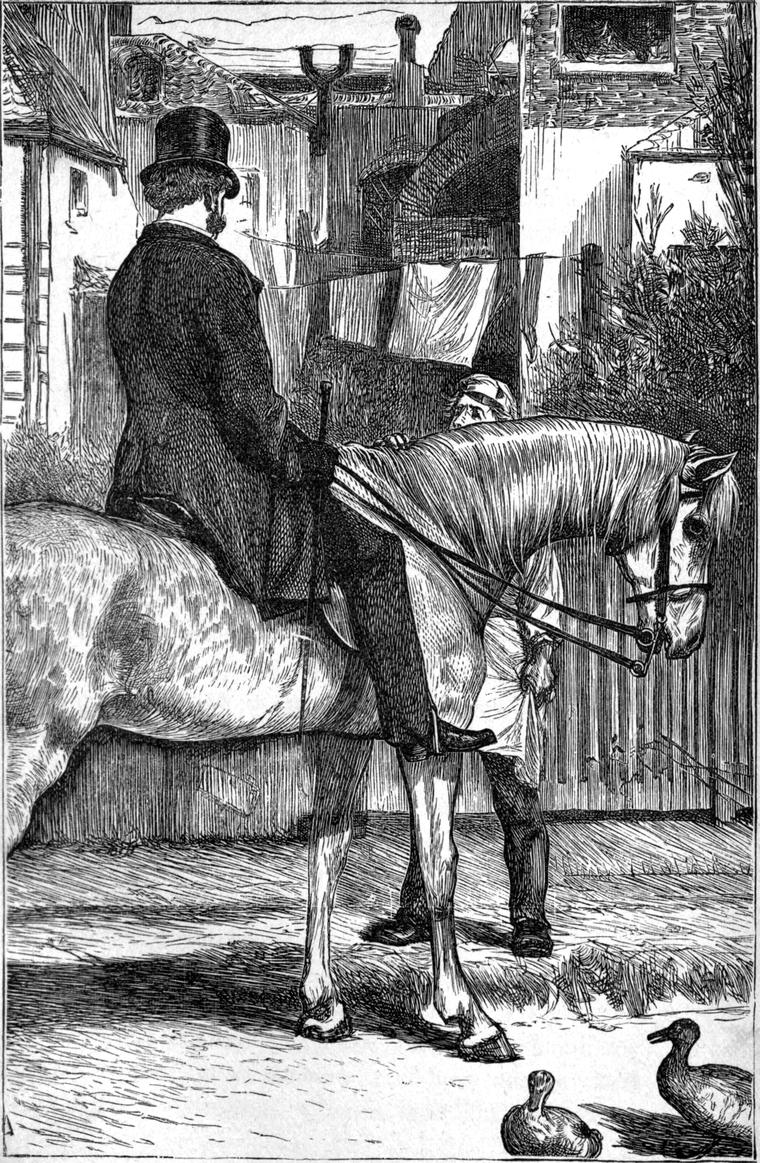 The vicar sits on a grey horse in a village yard, a young man at the horse's head and ducks on the ground below.