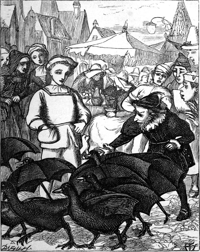 In the market-place, Richard looks on as the odd little man stoops over a flock of black geese whose wings are open umbrellas, townsfolk crowding behind.