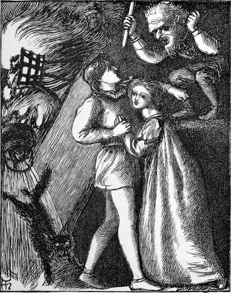 Richard and Alice stand close together while the crooked old man, mop-stick raised, glares down at them beside the upturned hearth-stone and a cat.
