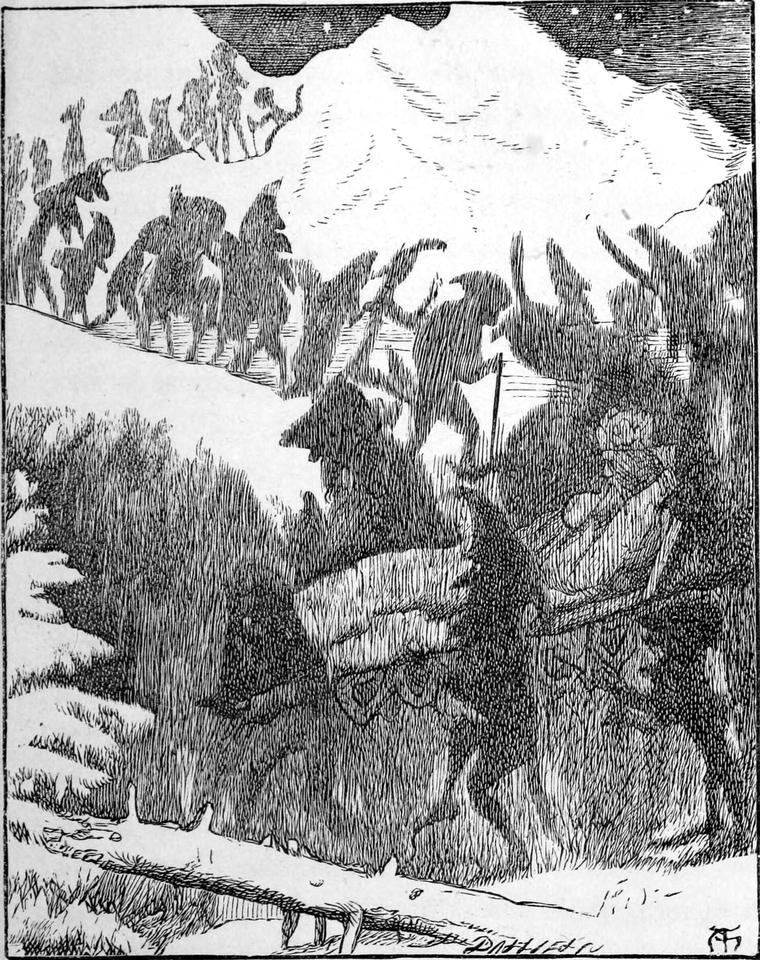 A long line of dark, spindly Shadows carries the king on a litter across a snowy mountainside under a starry sky.