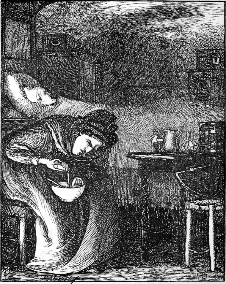 The miser's nurse bends over a bowl of gruel at his bedside, stirring it, while the old miser lies on his pillow among his chests.