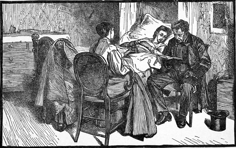 By an invalid's bed, the little tailor sits reading from a book while Lucy listens beside him.