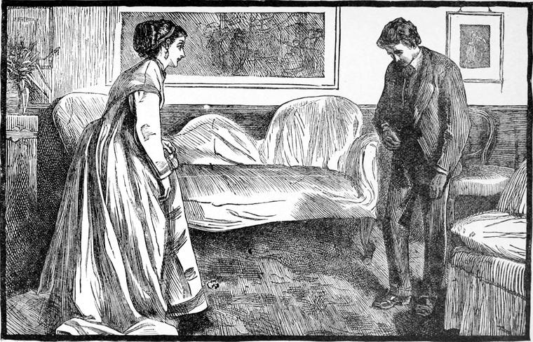 In a drawing-room, a young lady stands facing Thomas, who waits awkwardly by the sofa.