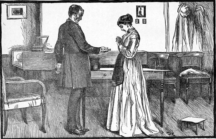 Lucy stands with her eyes cast down while Mr. Fuller, in a long coat, speaks to her.
