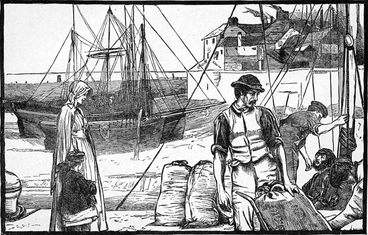 On a quay crowded with ships' masts, Thomas works among the men unloading sacks.