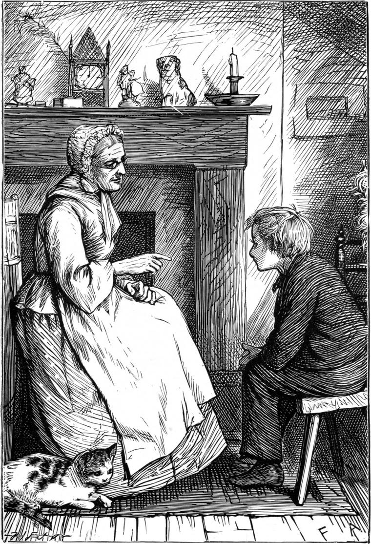 By her fireside, Mrs. Wilson in cap and spectacles tells a story, finger raised, to Willie on a stool, a cat at her feet.