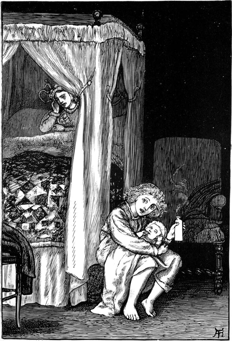 Willie, in his nightshirt, sits on an ottoman with baby Agnes on his knees, giving her a bottle, while his mother watches from the curtained bed.