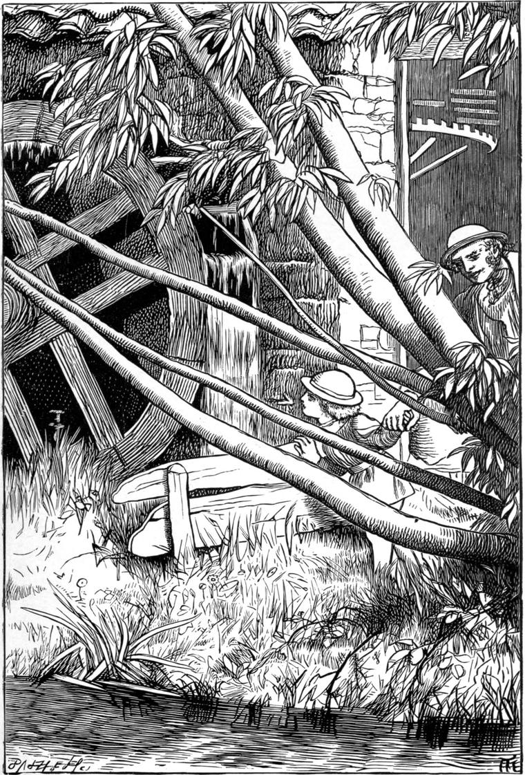 Little Willie in a round hat peers past leaning poles at a mill-wheel and falling water, as a man in a similar hat looks on.