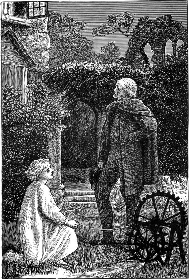 Willie, in his white nightshirt, kneels by his little wheel with a thread in hand, looking up at his father, who stands among the ruins.