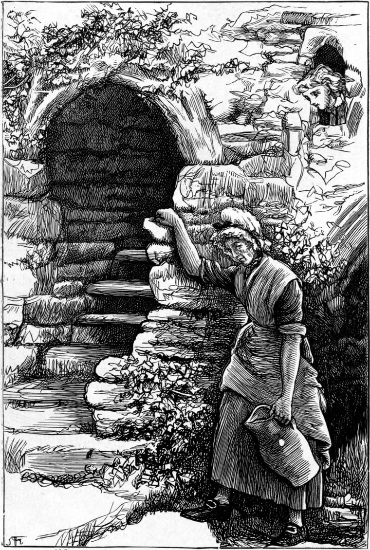 Tibbie the maid stands by a ruined archway, jug in hand, looking dismayed, while a boy peers down from a window high above.