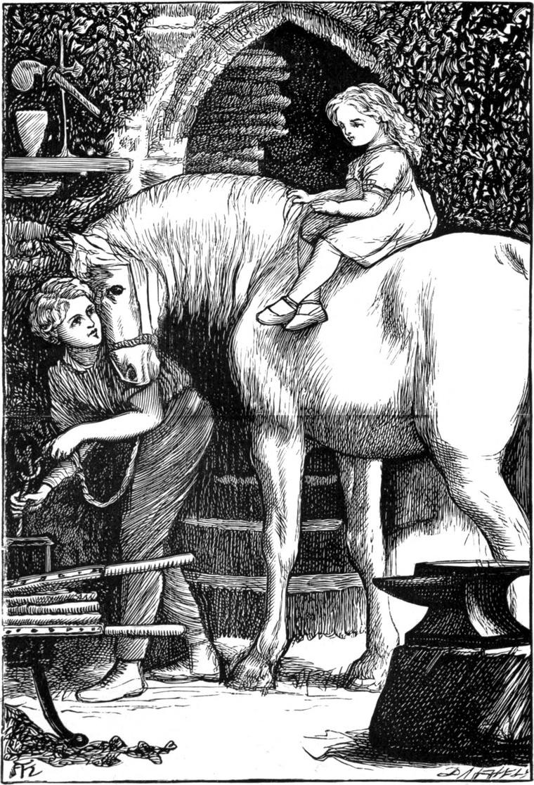 Willie holds a white horse by its halter at his forge among the ruins, an anvil beside them, while little Agnes sits astride its back.