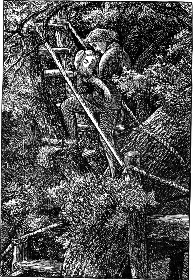 Willie carries Agnes, wrapped in a shawl, up a rope-railed stair into the thick branches of the elm tree.