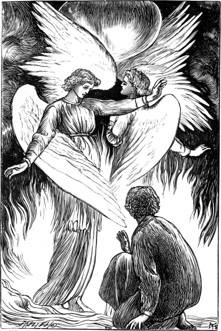 In his dream, Willie kneels with a hand raised before two great-winged angels, his father and Mr. Shepherd, standing amid streaming flames.