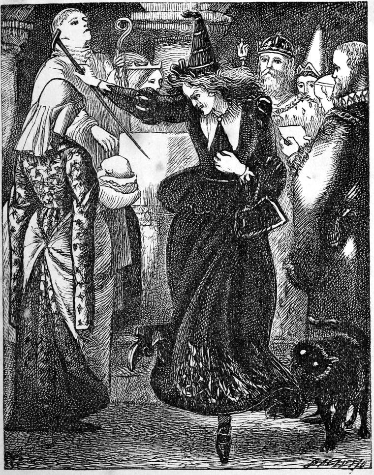 At the christening, the princess's witch aunt, in a tall pointed hat, whirls on one foot among startled courtiers, a black cat at her feet.