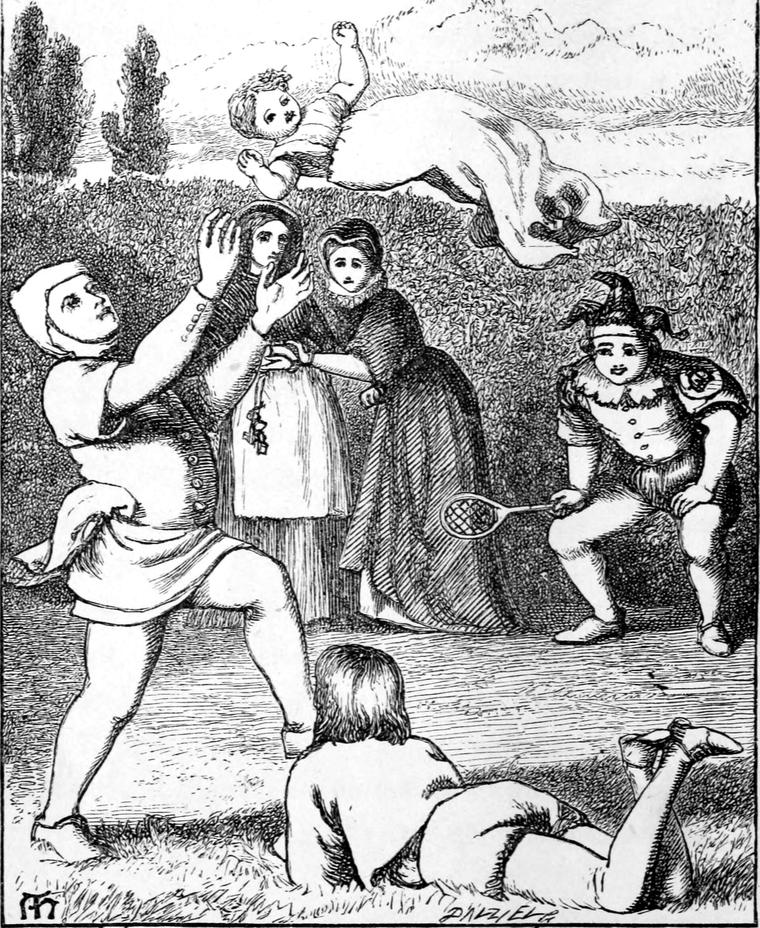 Servants play ball with the baby princess as she floats through the air, one man reaching up to catch her, another holding a racket.
