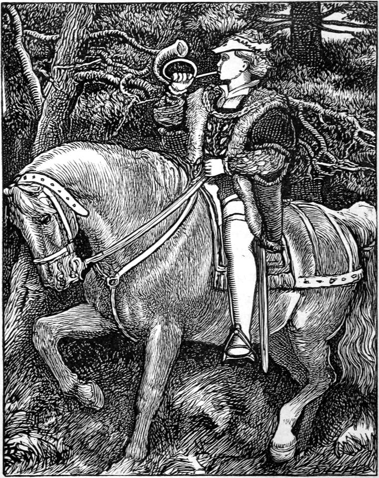 The prince sits on his horse deep in the forest, blowing a long curved horn, his sword at his side.