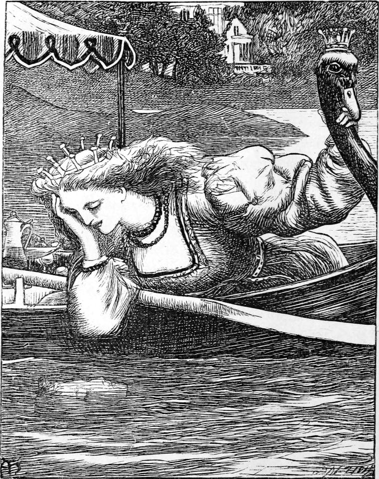 The Light Princess, in a spiked crown, lies along the side of her swan-prowed boat, chin in hand, gazing down at the water.