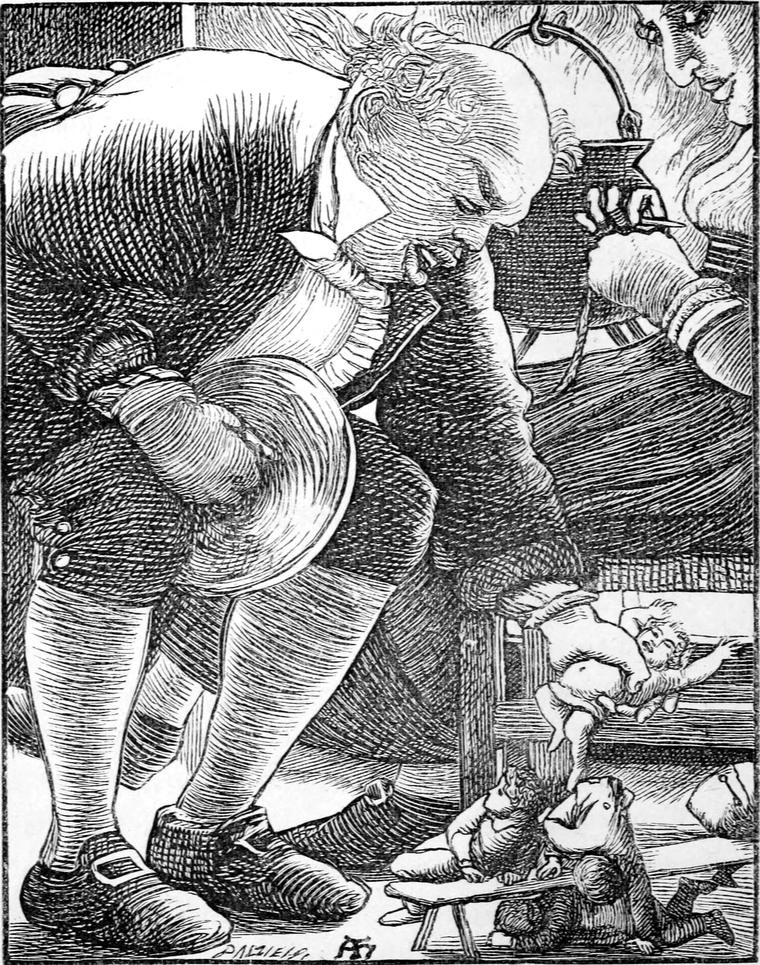 Giant Thunderthump stoops over a row of tiny boys, a pot lid in his hand, while the giantess tends the pot behind him.