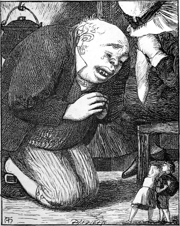 Giant Thunderthump kneels on the floor, wringing his hands and weeping, as tiny Tricksey-Wee and Buffy-Bob stand before him with his heart.