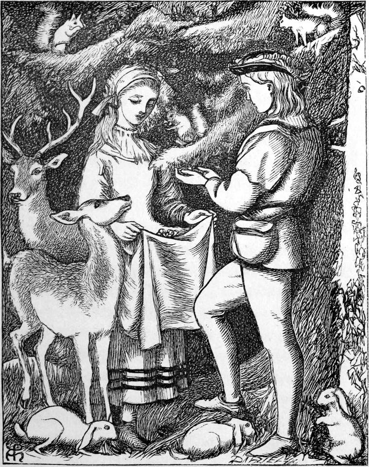 Tangle holds out her apron of nuts and Mossy reaches for one, while deer, rabbits and squirrels crowd round them under a great tree.