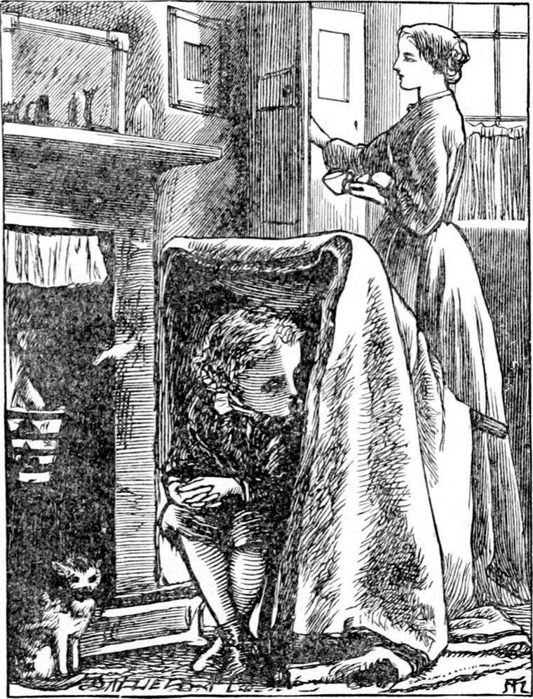 Little Diamond crouches in a blanket cave by the fire while his mother stands at the door and a cat watches.