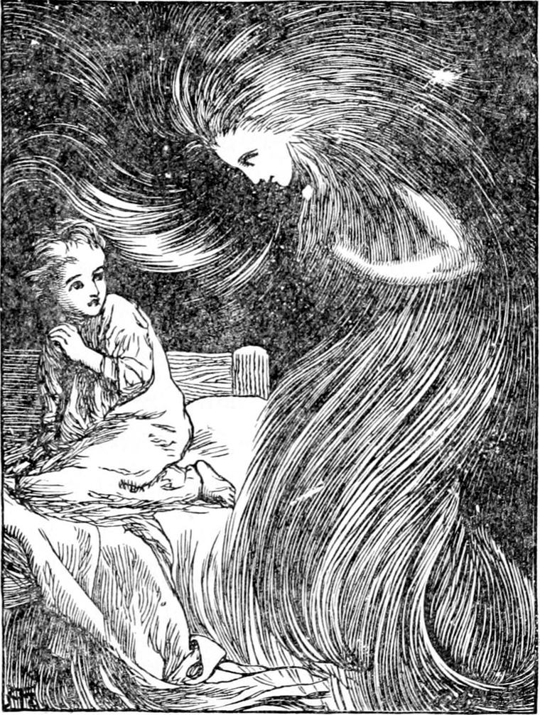 North Wind, a huge woman with long hair streaming out into the dark, bends her pale face over little Diamond sitting up in bed.