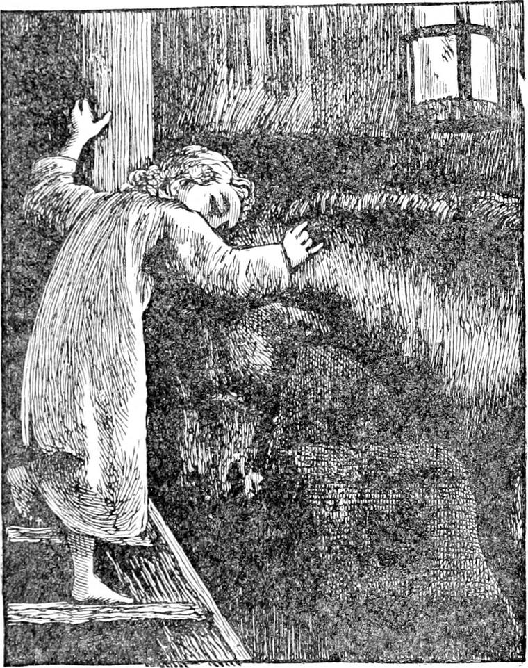 Barefoot in his nightgown, Diamond feels his way across the dark hay-loft, one hand on a post, the other stretched toward the hay.