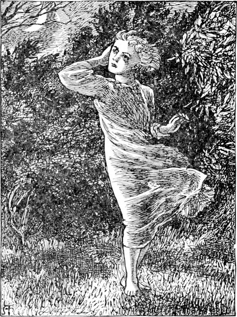 Diamond stands barefoot in his nightgown on the grass before dark bushes, one hand to his head, as the wind whips his hair and gown.