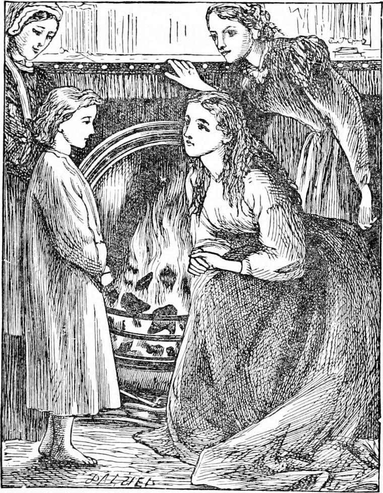 Barefoot in his nightgown, Diamond stands at the drawing-room fire before Miss Coleman, who kneels with her hair loose, as two women look on.