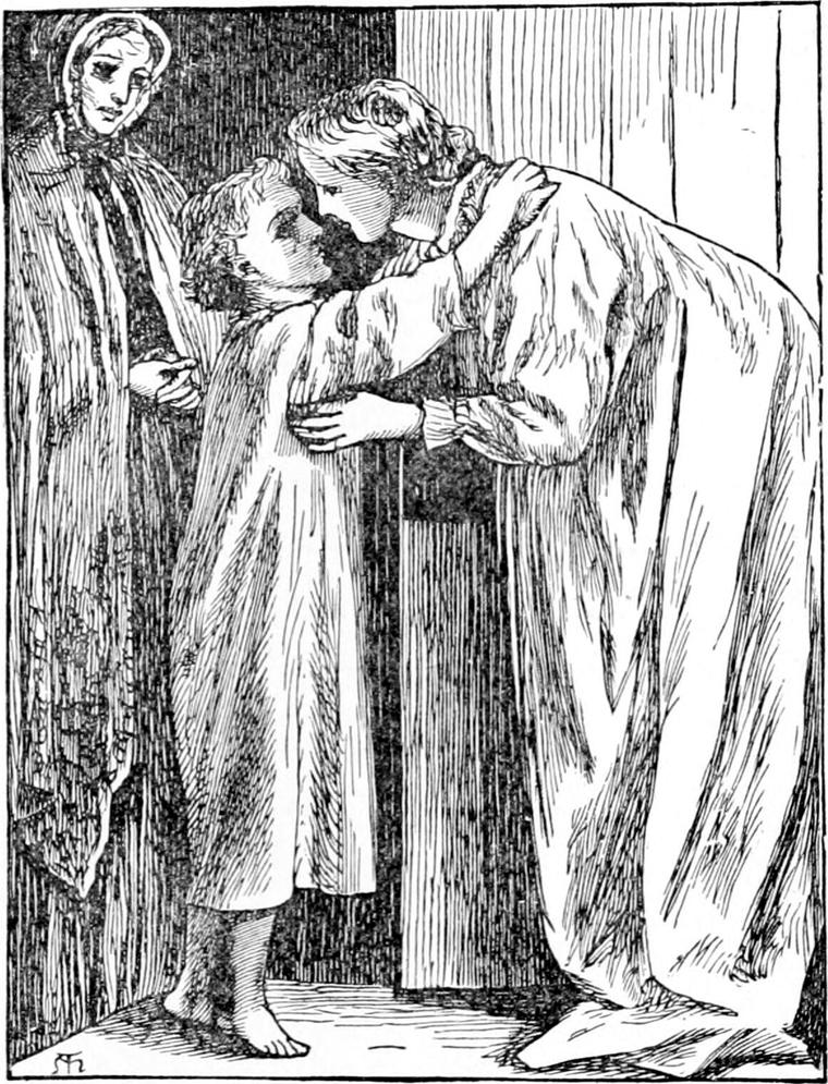 Diamond's mother, in her nightgown, bends to embrace him at the door while Mrs. Crump, in bonnet and shawl, stands behind him.