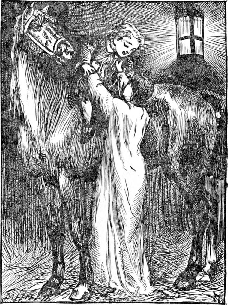 Diamond's mother, in a long white gown, lifts little Diamond down from the back of old Diamond the horse in the lamplit stable.