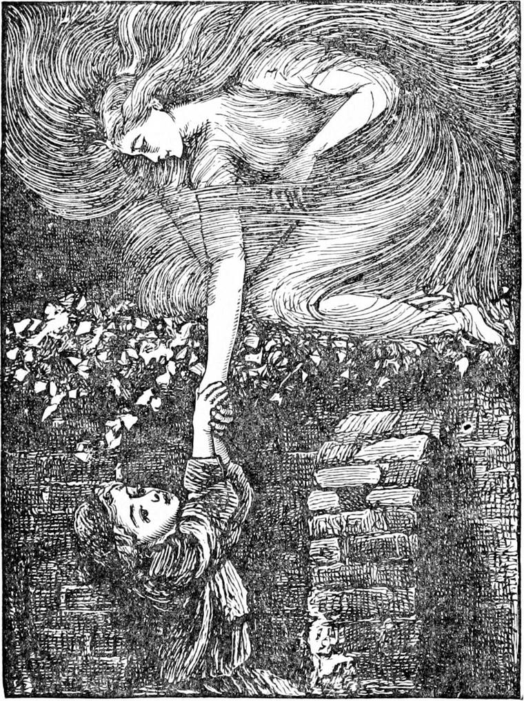 North Wind, flying on her side with her long hair streaming, hauls little Diamond up by the hand over a brick wall and leafy bushes.