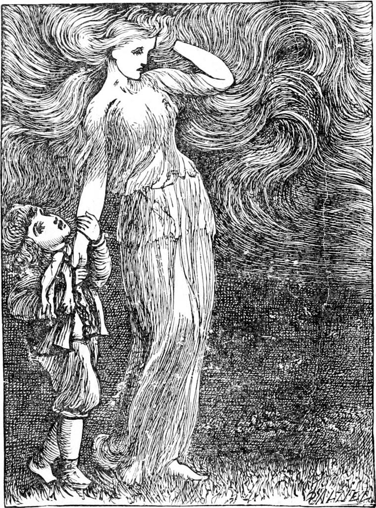 North Wind, tall in a long gown with vast hair swirling behind her, stands on the grass holding the hand of little Diamond.