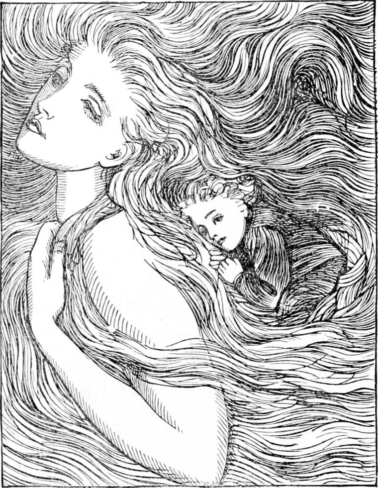 Little Diamond nestles in a woven pocket of North Wind's hair, peering out, while she looks upward, seen from behind with her hair streaming.