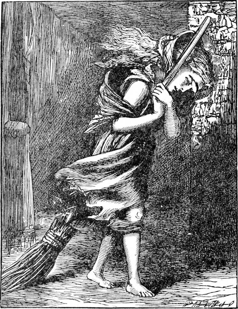 A ragged, barefoot girl bends against the wind, clutching a huge broom as her clothes and hair blow back, in a bare street at night.