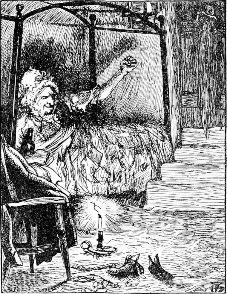 Old Sal sits up in her curtained bed in a nightcap, a bottle in her arm and one fist raised, a candle burning on the floor.