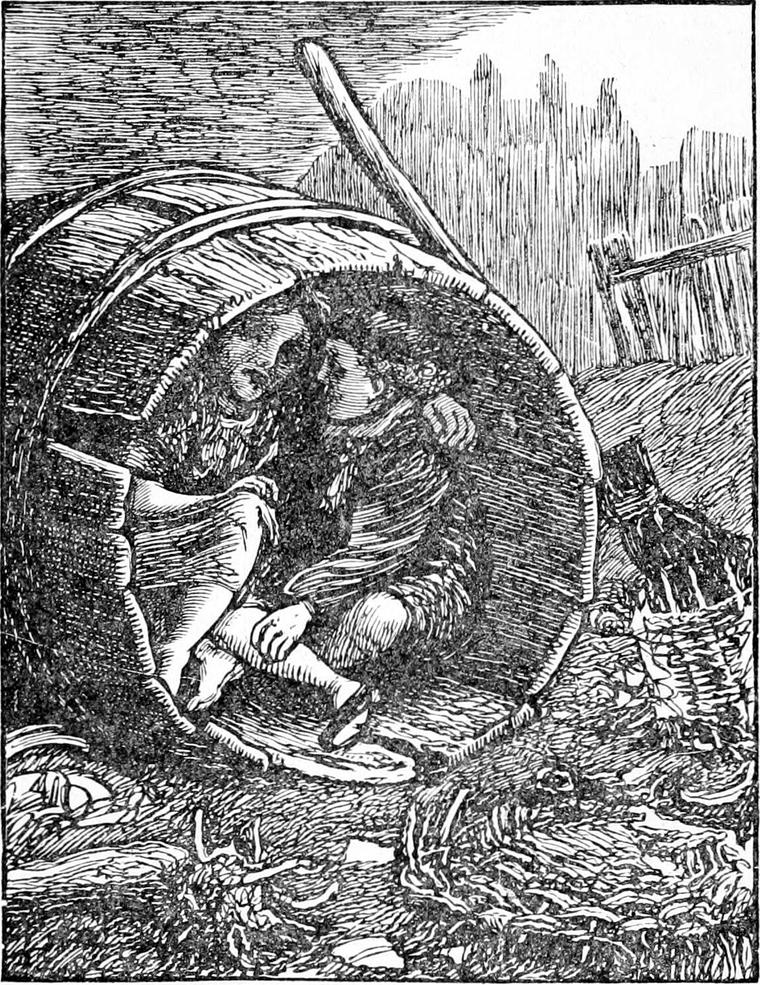 Diamond and the ragged crossing-sweeper girl huddle side by side inside an empty barrel lying on its side, with her broom leaning over the top.