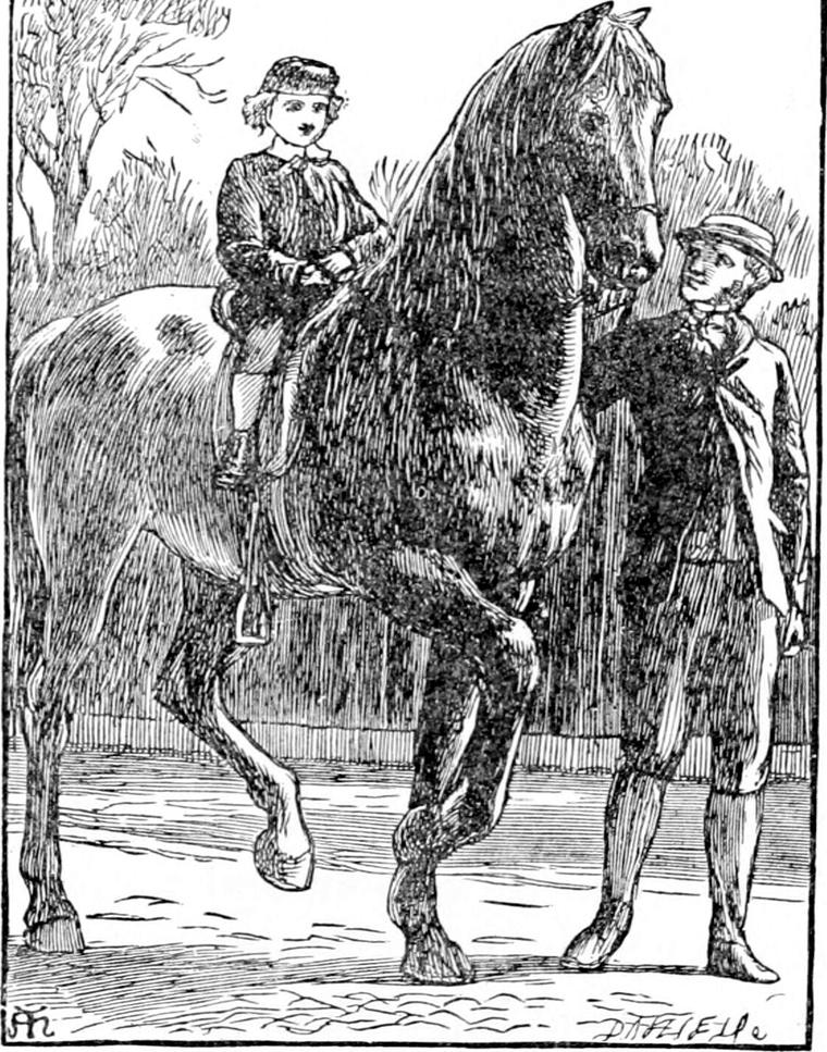 Little Diamond sits up on old Diamond the horse, who lifts a forefoot, while his father, the coachman, walks beside and holds the bridle.