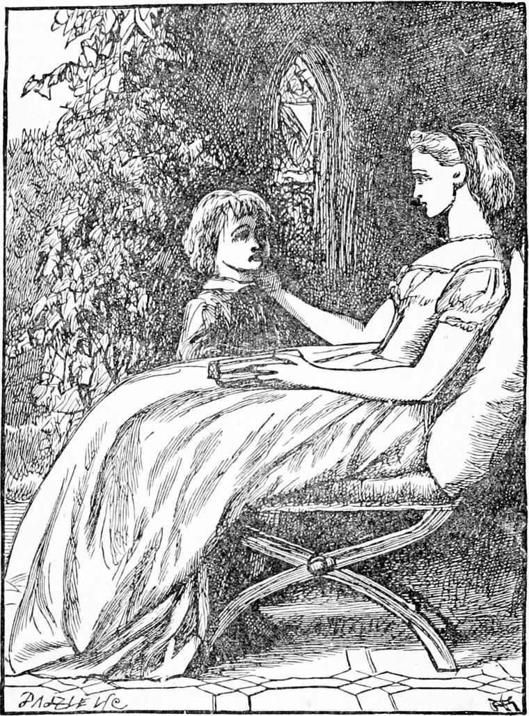 Miss Coleman sits in a garden chair, a book in her lap, and touches little Diamond's chin as he stands before the summer-house window.