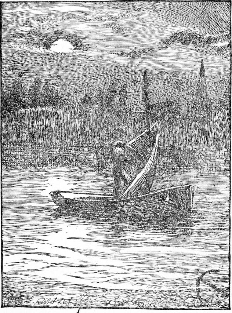 A man stands in a small sailing boat on moonlit water, handling its sail, with trees and a church spire on the far shore.