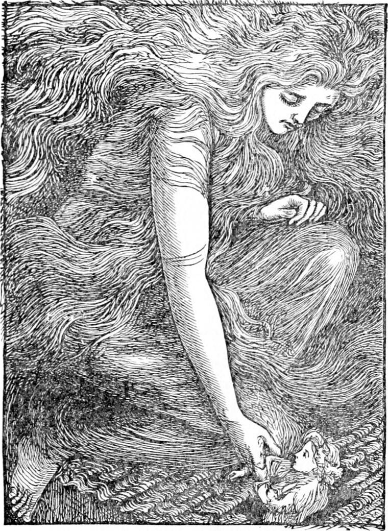 North Wind, huge, her long hair streaming around her, bends down with a sad face and lifts tiny Diamond between her fingers.