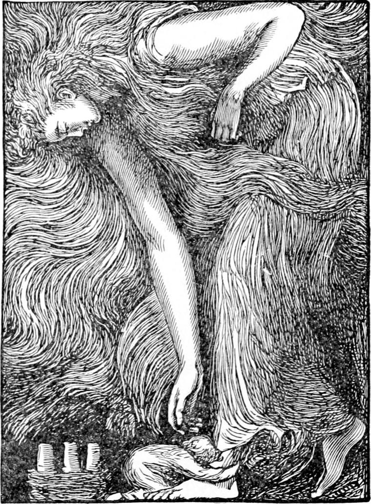 North Wind, huge and wild-haired, stoops over a roof to take tiny Diamond, who crouches at her bare foot beside three small chimney pots.