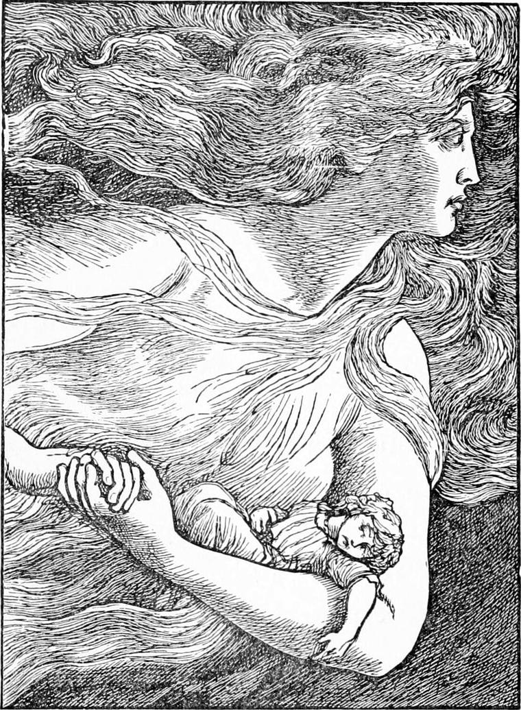 North Wind, huge and in profile, her hair blown back, flies on with little Diamond cradled in her arm against her breast.